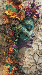 Wall Mural - A woman's face is painted with flowers and vines