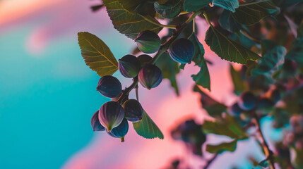 Wall Mural - Ripe juicy fig fruits on the tree with vibrant sunset sky in the background