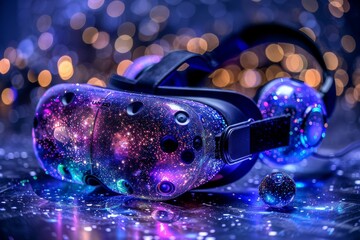 Poster - Futuristic VR Headset with Galaxy Design on a Reflective Surface Emphasizing Space Themed Virtual Reality and Advanced Technology