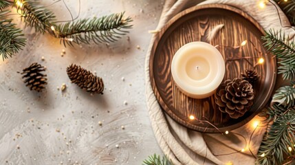 Christmas scented candle on the wooden round plate and christmas trees, Boho Decor