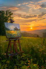 Wall Mural - Golden Hour Inspiration: A Painter’s Easel in a Sunlit Meadow Capturing Nature's Beauty