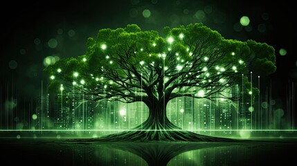 Poster - Green technology-themed image of a virtual server network, organic data structure design resembling a digital forest, energy-efficient concept, natural green and earth tones, eco-tech background
