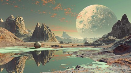 A digital artwork depicting an imagined extraterrestrial landscape, blending creativity with scientific concepts