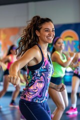 Vibrant Zumba Dance Class in Modern Studio - High-Energy Workout Design for Print, Card, Poster