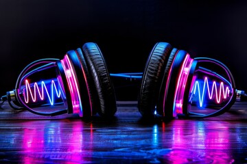 Poster - Modern Headphones with Neon Blue and Pink Wave Patterns on Reflective Surface Highlighting Audio Technology and Stylish Design