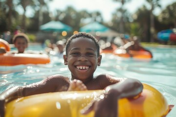 Wall Mural - A young boy, wearing a wide and happy smile, enjoys floating in a yellow inflatable tube at a vibrant water park, experiencing sheer delight on a sunny day with friends.