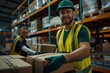 © Milos - An enthusiastic warehouse employee, wearing a hard hat and reflective vest, smiles while working alongside a colleague, illustrating collaboration and productivity in a busy setting.