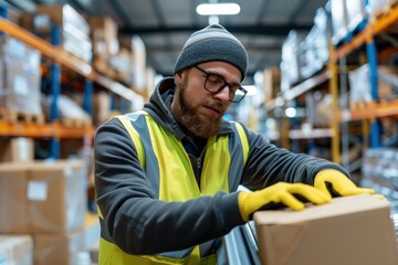 A worker dressed in a high-visibility vest and gloves is busy organizing and prepping packages for shipping in a packed warehouse, emphasizing efficiency and organization.