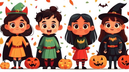 Poster - Happy Halloween Kids in Costumes with Pumpkins