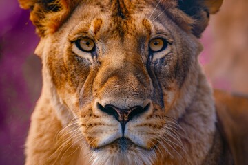 Wall Mural - An up-close photograph capturing the intense and mesmerizing gaze of a lion, highlighting the detailed texture and features of its majestic face against a natural backdrop.