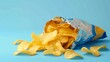 © uros - Close-up bag of no-brand chips in plastic bag, package foil. Food advertisement, template design, crispy spicy potato snack, product commercial, blue background, tasty fried crunchy tortilla promotion