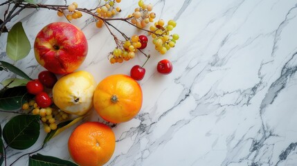 Wall Mural - Japanese fruits on a white marble backdrop