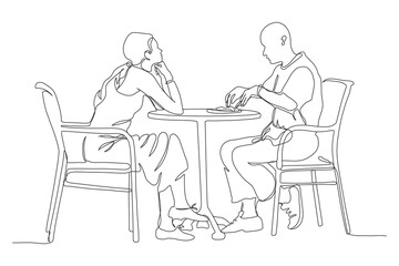 Woman looking at man eating in street cafe. Side view. Black and white vector illustration in line art style.