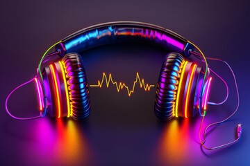 Sticker - Modern Headphones with Neon Lights and Sound Wave Patterns on Dark Background Highlighting Stylish Audio Technology