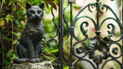 Canvas Print - Cat statue gazing at house gate