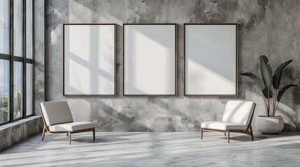 Poster - Three frame poster mockup on minimalist grey wall in brightly lit modern space