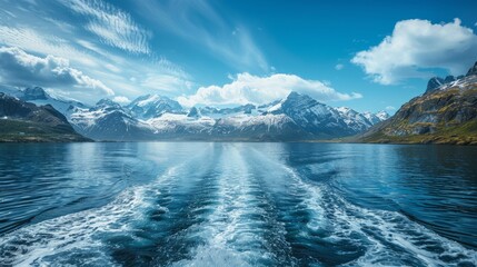 Scenic ocean view with majestic mountains from a boat on a bright sunny day