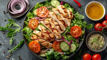 Poster - Delicious chicken salad on a kitchen table with fresh vegetables and dressing