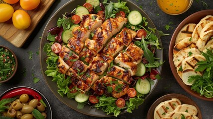 Wall Mural - Fresh chicken salad bowl on rustic kitchen table with seasonal vegetables