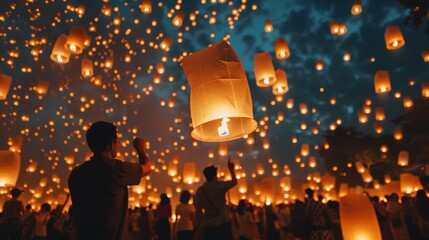 Poster - A beautiful image showcasing numerous lanterns being released into the night sky, creating a mesmerizing and festive atmosphere filled with light and warmth.