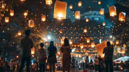 Poster - A crowd gathers under the night sky as countless lanterns illuminate the scene, creating a magical and festive ambiance at a lantern festival.