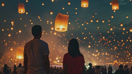 Poster - A couple stands together, watching numerous lanterns float into the twilight sky, creating a romantic and enchanting scene at a lantern festival.