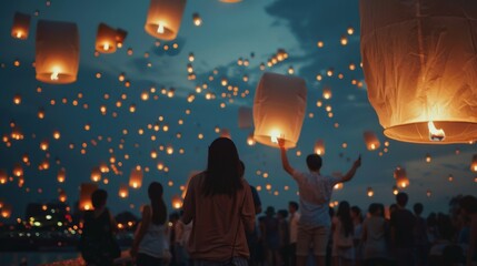 Poster - In a stunning visual spectacle, people gather to watch countless floating lanterns illuminate the night sky, creating a serene and festive atmosphere.