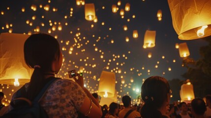 Poster - A festival-goer captures the magical moment of releasing lanterns into the night sky, illuminating the scene and creating a festive and serene atmosphere.