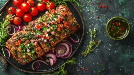 Poster - Fresh meatloaf served with vibrant vegetables on a rustic table