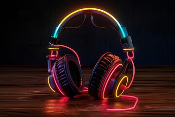 Poster - Neon Multi Colored Headphones on Wooden Surface Highlighting Stylish Audio Technology and Vibrant Design