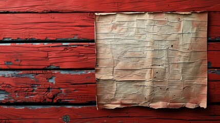 Poster - Crumpled paper on weathered red wood surface in natural light