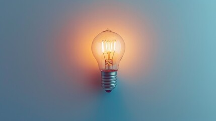 Aufkleber - A single light bulb illuminated with a warm orange glow against a gradient blue wall, representing ideas and inspiration in an abstract and minimalist style.