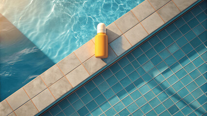 Wall Mural - Top view Mock up bottle of sunscreen on edge of swimming pool