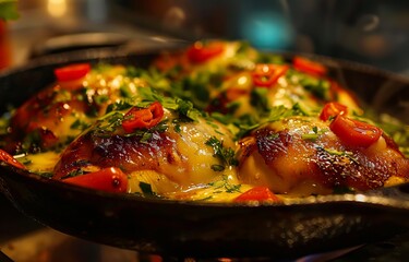Wall Mural - a pan filled with chicken and vegetables on top of a stove