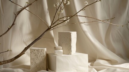 Sticker - Geometric stone pedestals on white textile with branch decor for product display in nature inspired setting