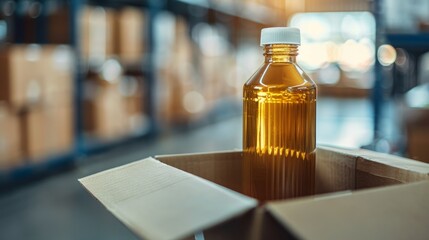 Antacid liquid for digestion in open package inside warehouse storage area