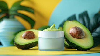 Ripe avocado halves next to a moisturizing cosmetic jar on a colorful background