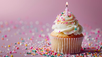 Wall Mural - Delicious cupcake with candle and sprinkles on pink background for celebration