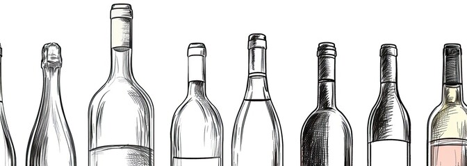 Wall Mural - A line drawing of various wine bottles lined up, with one bottle in the center showing detailed lines and contours Generative AI