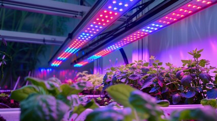 Poster - Green plants grow in a greenhouse under rows of LED lights. The lights emit a mix of red and blue light, which is ideal for plant growth.