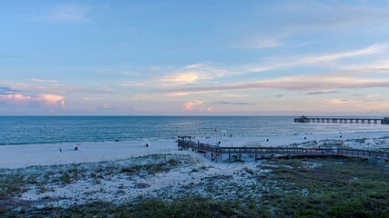 Aerial view of Gulf Shores, Alabama at sunset in July