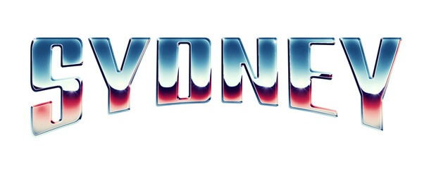 Fototapete - Sydney city name written in retro 1980s style chrome text effect isolated on transparent background