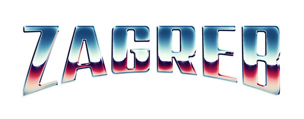 Fototapete - Zagreb city name written in retro 1980s style chrome text effect isolated on transparent background