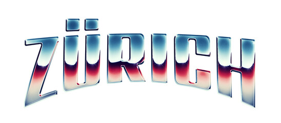 Fototapete - Zürich city name written in retro 1980s style chrome text effect isolated on transparent background