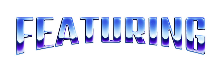 Fototapete - Word ‘Featuring’ written in retro 1980s style chrome text effect isolated on transparent background