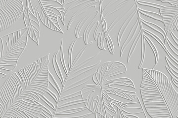 Canvas Print - Embossed tropical palm monstera leaves white 3d pattern. Beautiful floral relief background. Grunge textured vector backdrop. Surface emboss leaves. 3d ornament with embossing effect. Leafy texture.