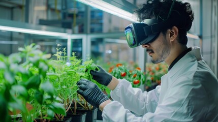 Aufkleber - A scientist wearing a VR headset examines plants in a greenhouse. They are wearing a lab coat and gloves and carefully observing the plants.