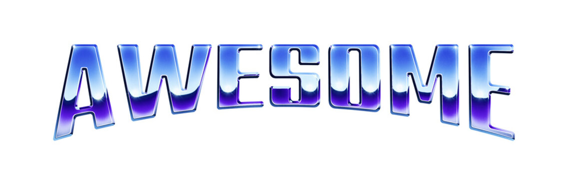 Word ‘Awesome’ written in retro 1980s style chrome text effect isolated on transparent background