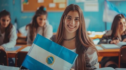 Aufkleber - A student smiles while holding an Argentine flag in a classroom filled with her classmates focused on their work.