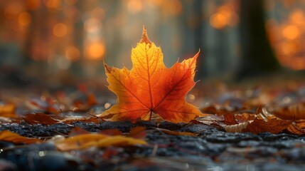 Vibrant autumn leaf amidst fallen foliage in a tranquil forest setting